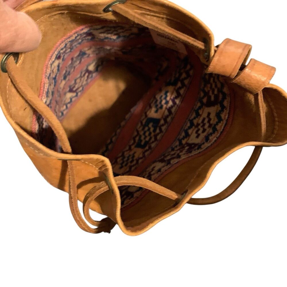 Vintage Leather Wool Kilim Drawstring Backpack Large Multi-Color Tooled Bag Boho - Picture 9 of 15